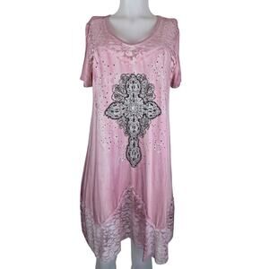 Vocal Lace Tie Dye Pink Cross Chrystal BlingTunic Women's Vacation Dress M